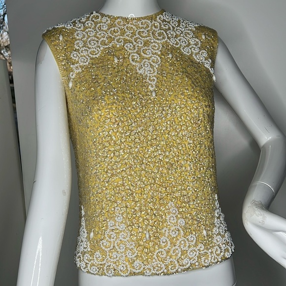 Diane Imports Sz S Yellow And White Sequins Pearls Back Zip Wool Lined Tank Top - Picture 1 of 10